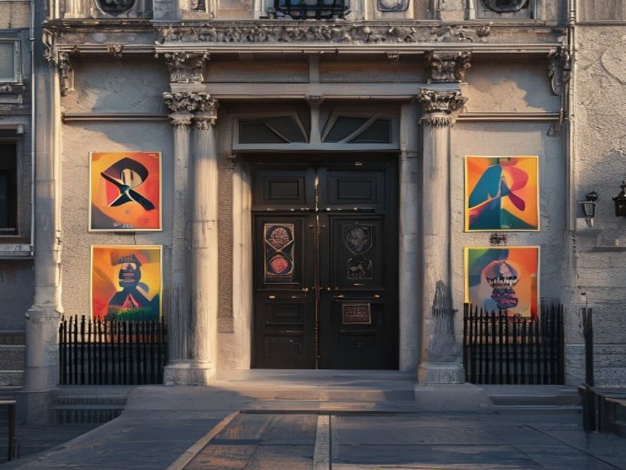 Cinematic, photorealistic 8k image of a grand, minimalist art gallery in Venice with its heavy entrance doors locked and barricaded, posters advocating for global peace and antiwar solidarity plastered on the facade, dramatic lighting highlighting the solemn atmosphere of a silent protest, capturing the powerful intersection of contemporary art and social activism.