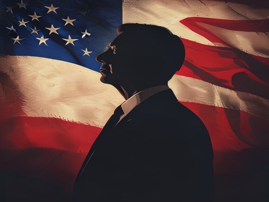 A cinematic, photorealistic 8k image featuring a subtle silhouette of a politician standing before a blurred, imposing backdrop of the American and South Korean flags, symbolizing geopolitical tension and diplomatic friction with a serious, contemplative atmosphere.