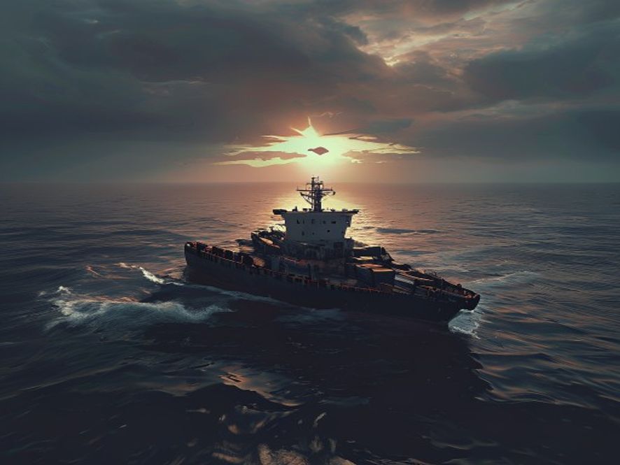 Cinematic, photorealistic 8k image of a damaged cargo ship adrift in a stormy, dark ocean, symbolizing global geopolitical tension and economic uncertainty, with a distant, ominous silhouette of an unidentified aerial drone in a hazy, sunsetlit sky, dramatic lighting, high detail.