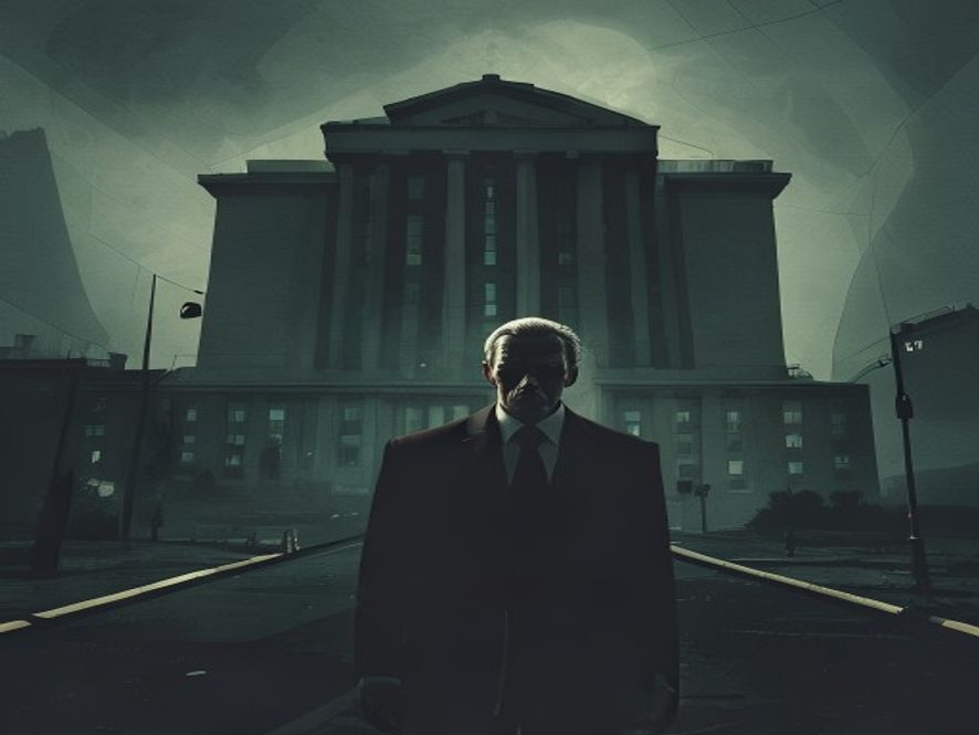 A cinematic, photorealistic 8k portrait of a solitary, determined politician standing at a desolate crossroads in front of a dark, imposing political party headquarters, capturing a somber and tense atmosphere of political betrayal and ideological conflict, high contrast, dramatic lighting.