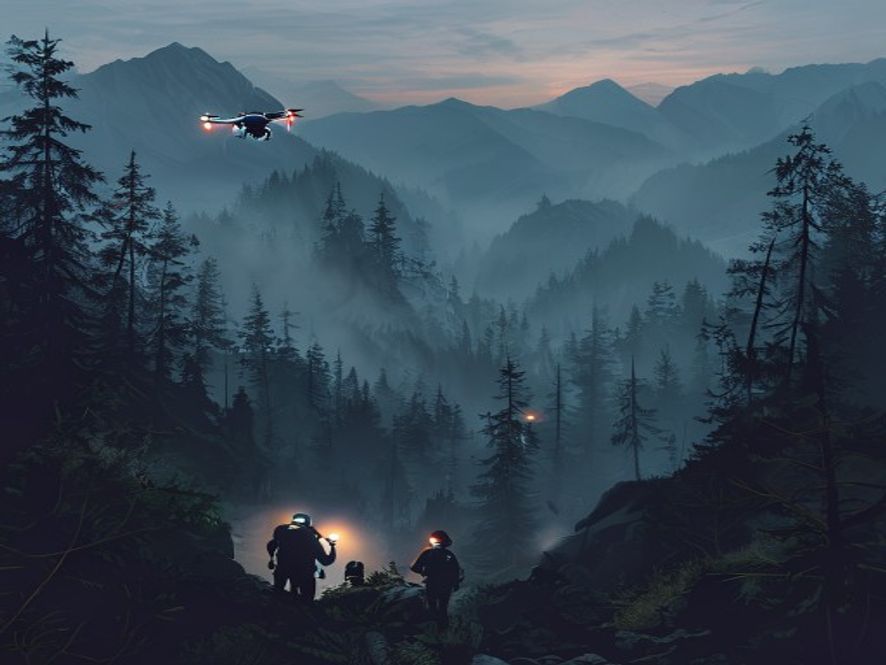 A cinematic and photorealistic 8k wide shot of a dense, rugged mountain forest in Juwangsan National Park at dusk, featuring rescue teams with flashlights and a thermal imaging drone searching through misty, overgrown terrain, capturing a tense and somber atmosphere of an urgent mountain search operation.