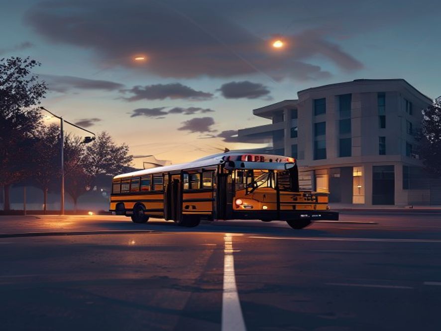 A cinematic and photorealistic 8k image showing a lonely, empty school bus parked on a quiet street in front of a modern school building at dusk, symbolizing the collapse of field trips and the heavy emotional burden of teachers, soft dramatic lighting, professional photography.