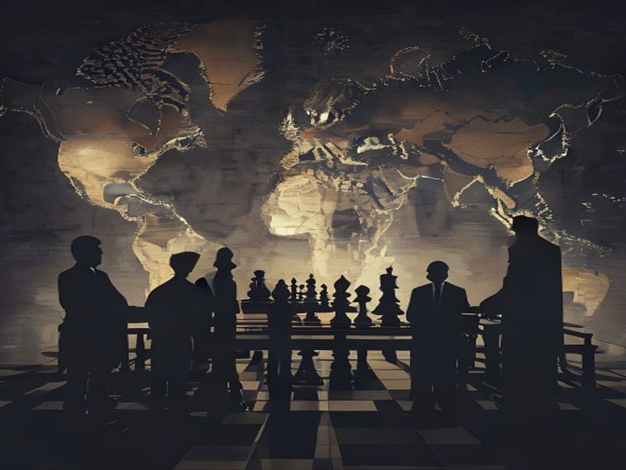 A cinematic and photorealistic 8k image of a highstakes chess game played on a global map, featuring dimly lit silhouettes of world leaders standing in the shadows to symbolize strategic ambiguity and international diplomatic tension.