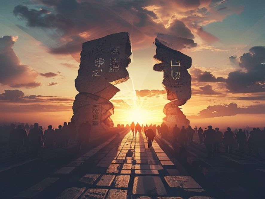 A cinematic, photorealistic 8k image capturing a symbolic fissure splitting a stone foundation engraved with traditional conservative political symbols in Daegu, with a crowd of silhouettes walking toward a bright, new horizon under a dramatic, shifting sky, symbolizing a major shift in political tides.