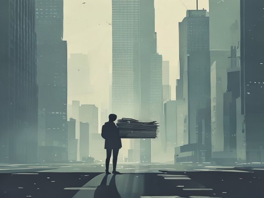 A cinematic and photorealistic 8k image showing a solitary, weary person standing in the shadows of a vast, modern urban city, holding a stack of faded, weathered financial documents that symbolize 23 years of debt, with a cold and melancholic atmosphere highlighting the theme of societal isolation and policy blind spots.