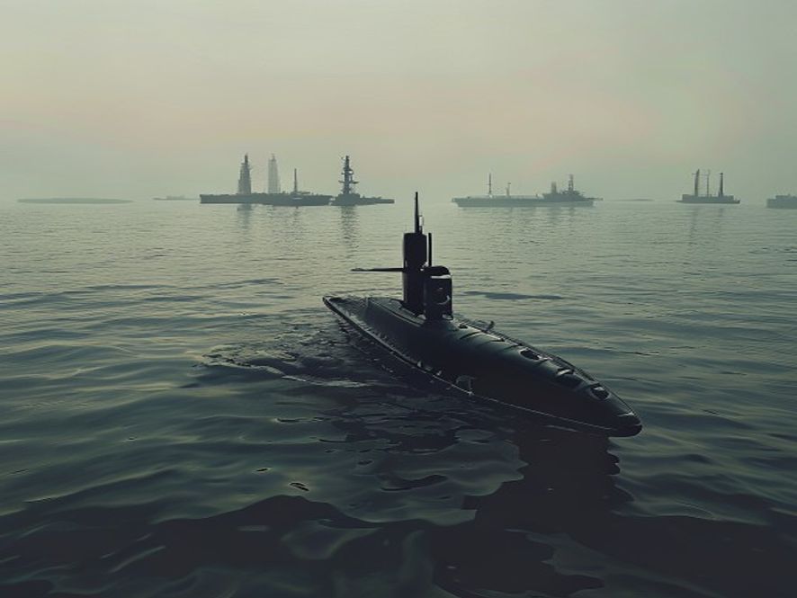 A cinematic, photorealistic 8k image showing a stealthy, smallsized North Koreanstyle military submarine patrolling the murky, shallow waters of the Strait of Hormuz, with a hazy, tense atmosphere and silhouettes of distant oil tankers on the horizon.