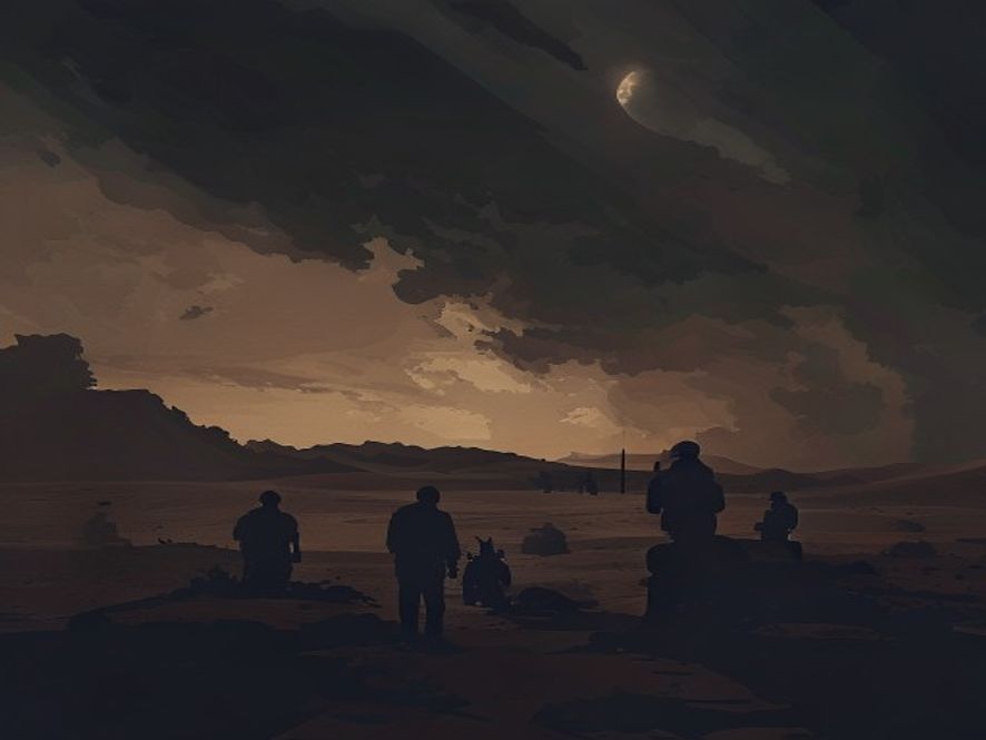 A cinematic and photorealistic 8k wide shot of a clandestine military operation unfolding under a dark, dramatic sky in the Middle East desert, capturing the intense atmosphere of the secret conflict between the UAE and Iran with highstakes geopolitical tension.