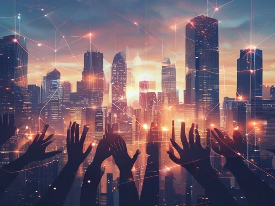 A highresolution cinematic shot of a futuristic city landscape where a glowing digital network connects gleaming corporate skyscrapers to the diverse hands of ordinary citizens, symbolizing the tension and balance between AIdriven wealth and social distribution, photorealistic, 8k, dramatic lighting.