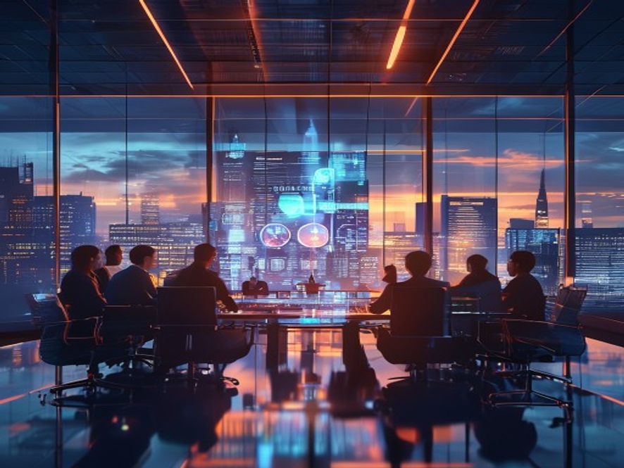 A cinematic and photorealistic 8k wide shot of a modern, glasswalled corporate boardroom overlooking a glowing semiconductor facility at dusk, where management and young workers are intensely negotiating over a transparent, luminous digital screen displaying fair performance bonus rules, symbolizing a new era of corporate transparency.