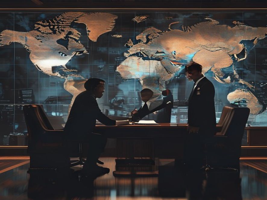 A cinematic, photorealistic 8k image featuring a subtle, highstakes diplomatic handshake between a US official and a South Korean representative in a formal, dimly lit office with large world map backgrounds, symbolizing strategic partnership and the complex balance of global defense negotiations.