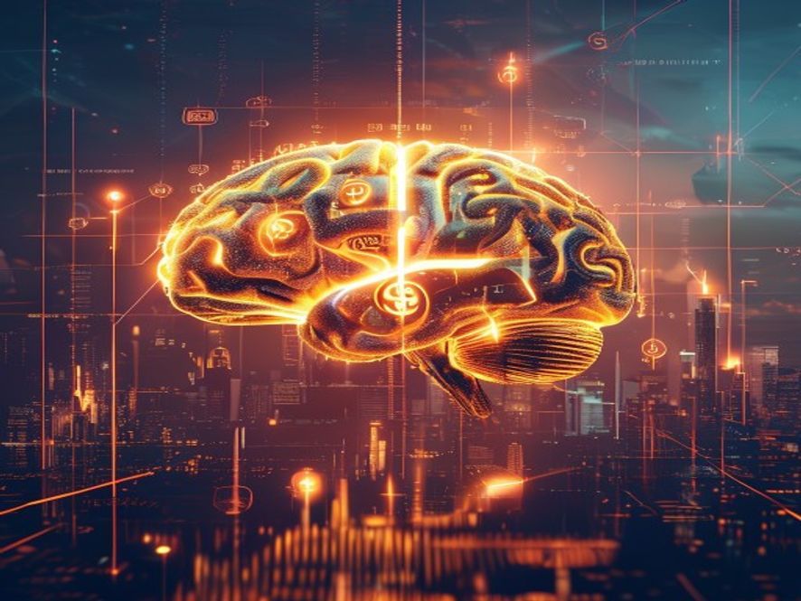 Cinematic and photorealistic 8k image of a futuristic, glowing digital brain integrated with golden currency symbols representing AIdriven wealth redistribution, set against a backdrop of a modern city skyline and abstract financial data graphs, emphasizing the shift in economic paradigm and social equality, high contrast, professional lighting.
