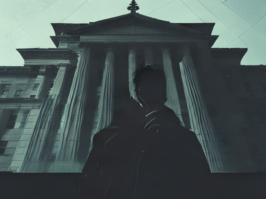 A cinematic and photorealistic 8k closeup shot capturing a silhouette of a person standing in the shadows of a cold, imposing government building, representing the weight of abuse of power, academic elitism, and institutional rot, with a somber and dramatic atmosphere.