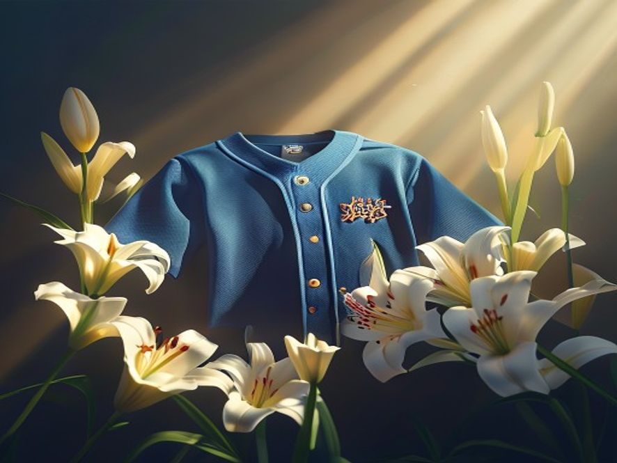 A poignant 8k cinematic photograph of a small blue baseball jersey neatly placed in a soft beam of light alongside a baseball and white lilies, capturing a heavy yet warm atmosphere of corporate mourning and the deep emotional bond between a team and its young fan.