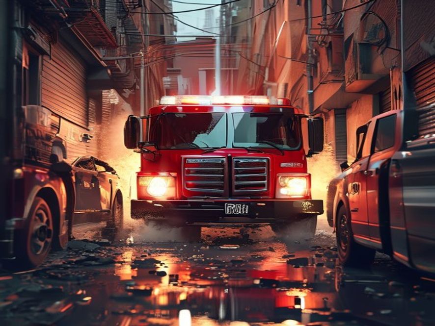 A dramatic cinematic 8k photorealistic shot of a powerful red fire engine forcibly pushing through damaged illegally parked cars in a narrow urban alleyway during an urgent emergency mission, conveying a sense of authoritative law enforcement and intense gravity.
