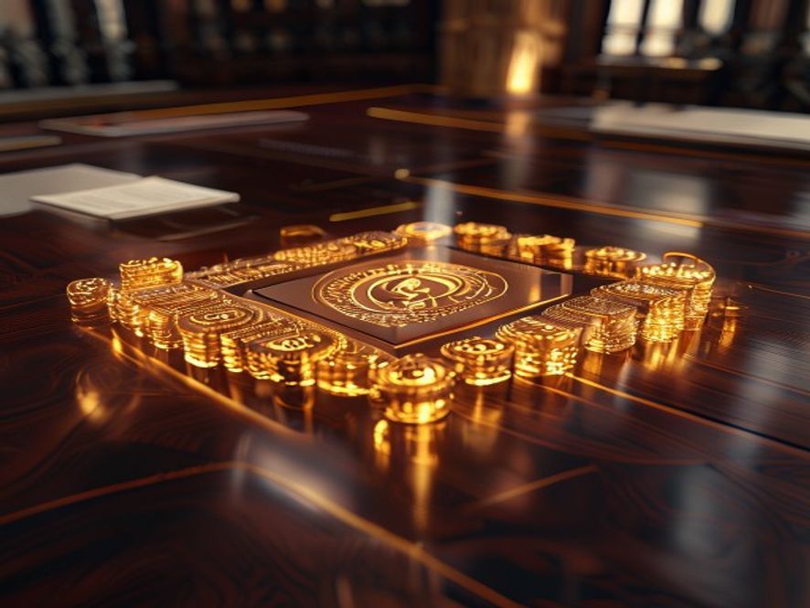 A cinematic, photorealistic 8k image of a glowing hightech semiconductor wafer integrated with shimmering golden currency symbols on a polished mahogany desk in a grand government office, representing the strategic national investment of the semiconductor supercycles tax windfall.
