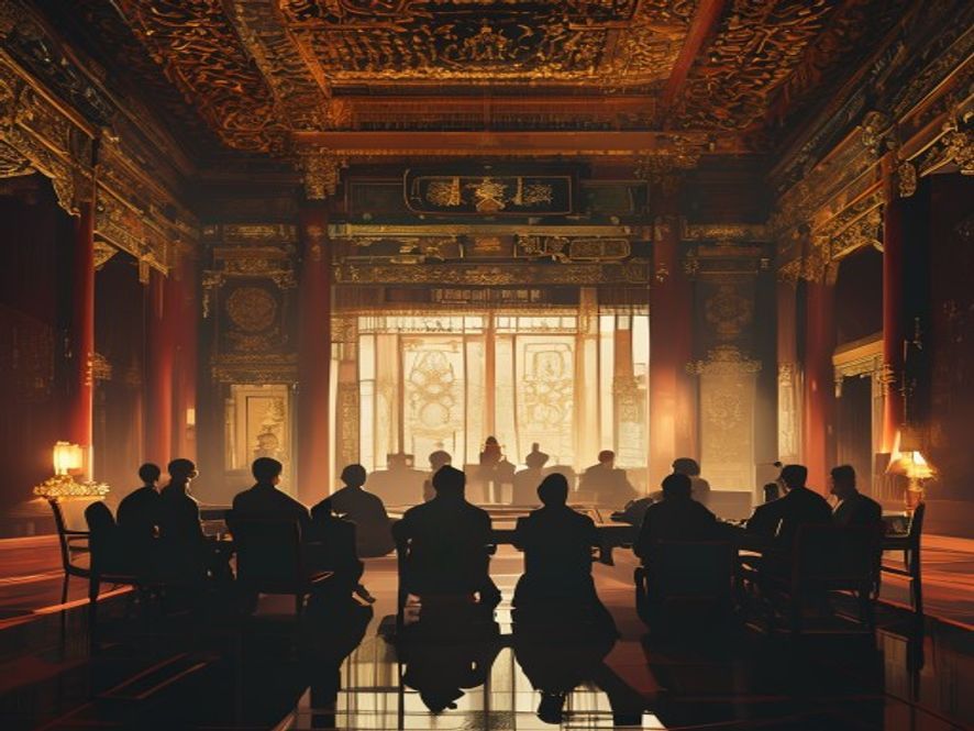 A cinematic, photorealistic 8k image featuring a subtle and tensionfilled silhouette of a grand diplomatic meeting between US and Chinese representatives, set in a sophisticated, dimly lit historical palace hall where a layer of ornate, golden traditional decorations contrasts with cold, sharp shadows representing political strategy and power dynamics, captured in a wideangle shot with a dramatic moody atmosphere.
