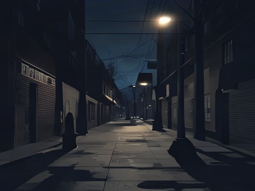 Cinematic, photorealistic 8k image of a dimly lit, lonely urban street at twilight, capturing a chilling atmosphere of tension and surveillance with long, distorted shadows cast by a street lamp, emphasizing the concept of hidden threats and the need for public safety, highly detailed and moody.