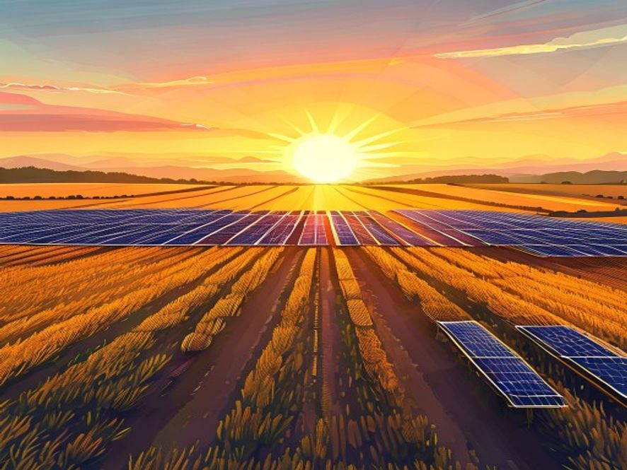 A cinematic and photorealistic 8k image of vast, golden farmland featuring rows of modern solar panels integrated harmoniously with traditional fields under a vibrant, hopeful sunrise, symbolizing renewable energy as a new economic engine for rural revitalization.