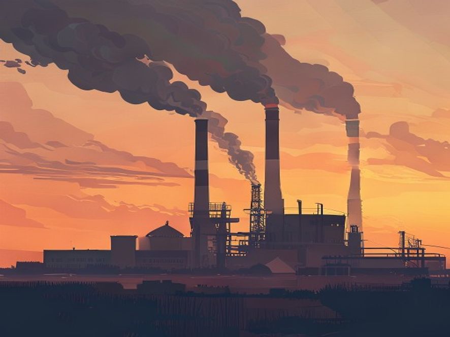 A cinematic and photorealistic 8k image showing a massive, aging thermal power plant in Taean under a sunset sky, with the smokestacks beginning to stop emitting smoke, symbolizing the poignant transition of an industrial era and the uncertain future of the local community, captured with a melancholic and reflective atmosphere.