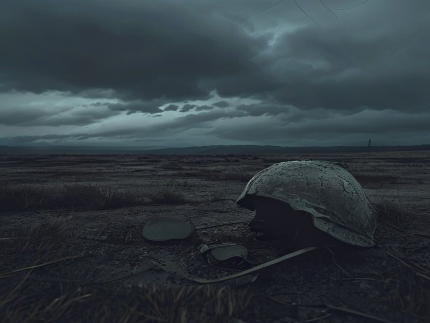 A somber and cinematic photorealistic shot of an empty military reserve training ground at twilight, featuring a wornout soldiers helmet left on a desolate field under a moody, overcast sky, emphasizing a sense of structural neglect and grave silence, 8k resolution, highly detailed, dramatic atmosphere.