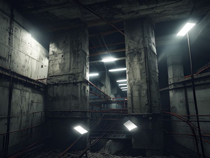 A cinematic, photorealistic 8k image showing a massive, exposed concrete pillar under construction at a deep subway station site, with visible missing steel rebar reinforcement, illuminated by harsh industrial work lights under a tense atmosphere, dramatic shadows emphasizing structural instability, professional photography style.