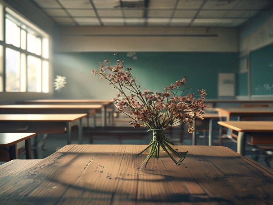 A cinematic, photorealistic 8k image of an empty, desolate classroom featuring a single abandoned bouquet of withered flowers on a wooden desk, symbolizing the fractured relationship between educators and the system, with a melancholic atmosphere and soft, dramatic lighting.