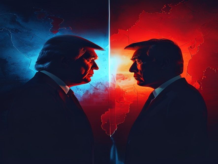 A cinematic, photorealistic 8k image featuring a tense geopolitical standoff represented by the silhouettes of Donald Trump and Xi Jinping facing each other across a stylized, glowing map of the Taiwan Strait, with dramatic shadows, cold blue and fiery red lighting contrasting the highstakes global power struggle.