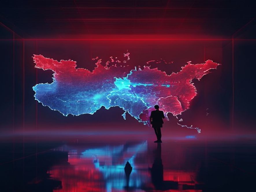 A cinematic and photorealistic 8k image of the Korean peninsula map illuminated by contrasting red and blue holographic light rays representing the complex geopolitical tension between US and China, with a silhouette of a solitary diplomat standing in a vast, foggy dark room reflecting the uncertainty of diplomatic strategy.