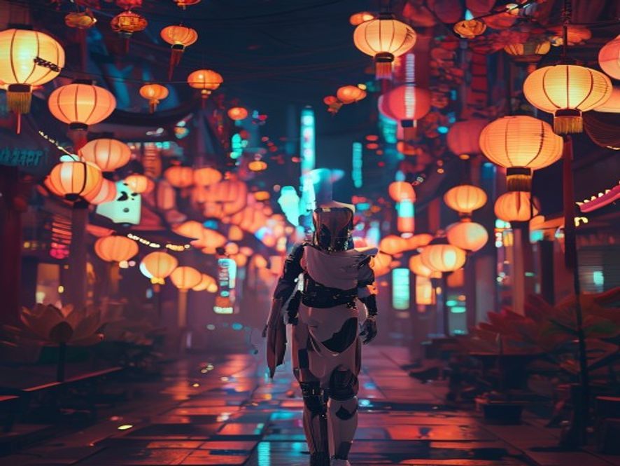 Cinematic, photorealistic 8k image of a futuristic humanoid robot monk walking through the vibrant streets of downtown Seoul at night, surrounded by thousands of glowing traditional lotus lanterns, symbolizing the harmonious blend of cuttingedge AI technology and ancient religious culture.