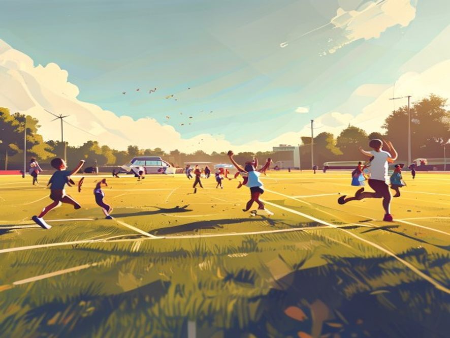 A cinematic, photorealistic 8k image capturing the vibrant atmosphere of a school sports day with children running and cheering on a sunny field, juxtaposed with the subtle, symbolic presence of a police car parked at a distance observing calmly rather than intervening, highlighting the balance between community life and public order.