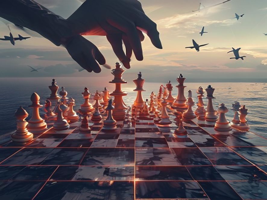 Cinematic and photorealistic 8k image of a colossal, glowing geopolitical chess board floating over the East Asian sea, where stylized metallic chess pieces representing fighter jets and warships are being moved by an unseen giant hand, reflecting the tense atmosphere of transactional diplomacy and power politics, dramatic lighting, high contrast, sharp details.