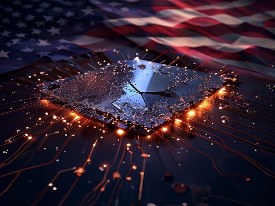 A cinematic, photorealistic 8k image of a colossal, glowing silicon wafer fragmenting like a shattered mirror under the dark, looming shadow of the American flag, symbolizing the intense geopolitical tension and economic instability in the global semiconductor supply chain, dramatic lighting, high contrast.
