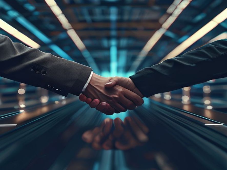 A cinematic, photorealistic 8k image of two hands reaching out for a firm handshake over a sleek, modern conference table, symbolizing reconciliation and unity against the backdrop of a blurred, hightech semiconductor factory interior, professional atmosphere, dramatic lighting, high contrast.