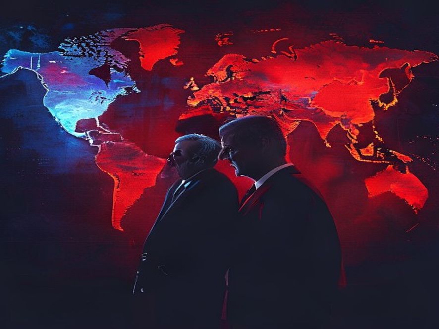 A cinematic and photorealistic 8k image featuring a dramatic silhouette of Xi Jinping and Vladimir Putin standing against a backdrop of a glowing, stylized world map that represents the shifting global geopolitical order, with deep shadows, cool blue and warm red lighting contrast, and a tense, highstakes atmosphere.