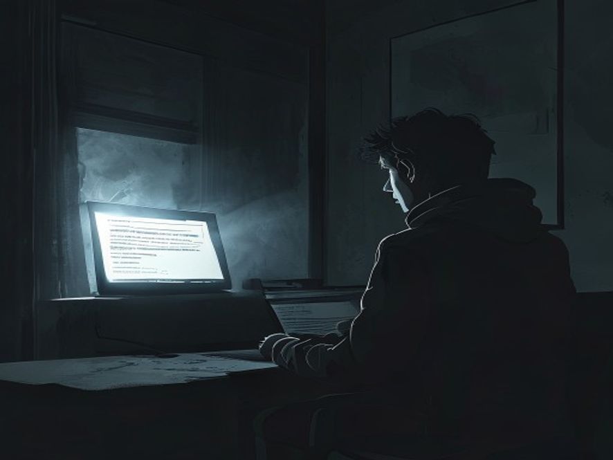 A cinematic and photorealistic 8k image depicting a solitary, distressed person looking at a glowing, deceptive High Salary job advertisement on a laptop screen in a dark, cold, and lonely room, capturing the grim and cautionary atmosphere of international employment fraud, dramatic lighting, high contrast.