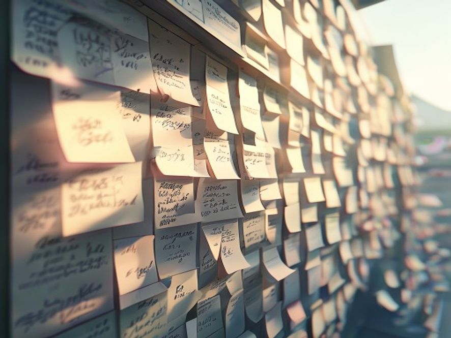 Cinematic, photorealistic 8k closeup shot of a wall covered in numerous handwritten sticky notes at Gangnam Station, soft morning light illuminating the messages of hope and solidarity, somber yet hopeful atmosphere, shallow depth of field, high detail.