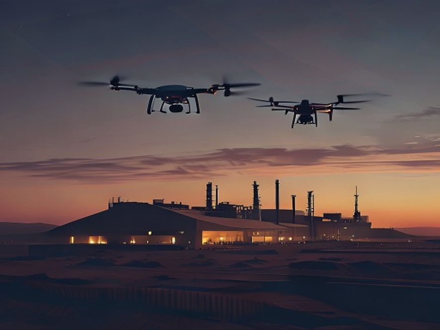 Cinematic, photorealistic 8k wide shot of the Barakah Nuclear Power Plant in the vast UAE desert at twilight, with a sleek, menacing surveillance drone hovering in the sky above, symbolizing the urgent threat to global energy security, dramatic lighting, high contrast, industrial architectural details.