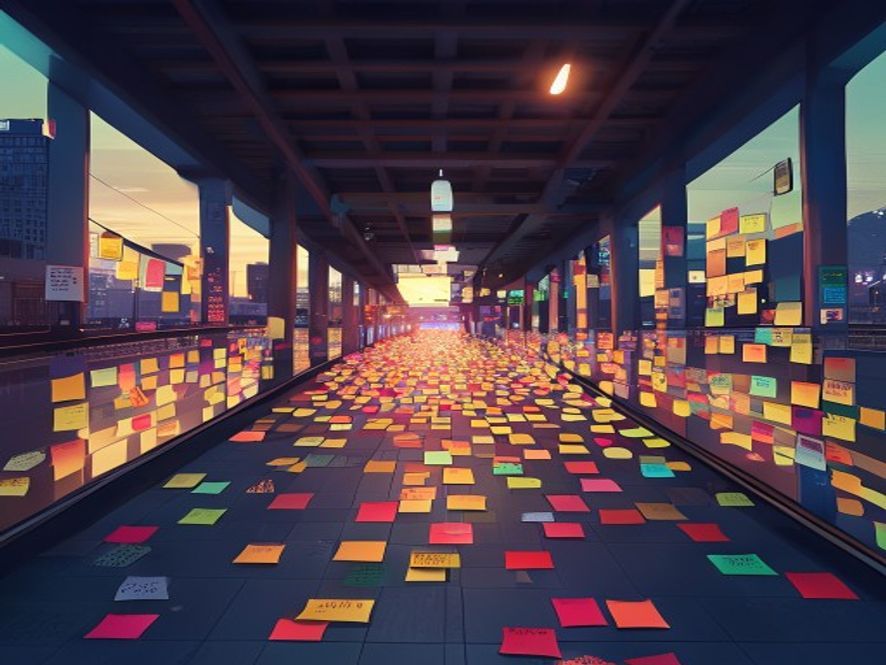 A cinematic, photorealistic 8k image of the Gangnam Station Exit 10 filled with countless colorful memorial sticky notes under a somber twilight, capturing a poignant atmosphere of collective remembrance, social reflection, and the quiet hope for a safer future.
