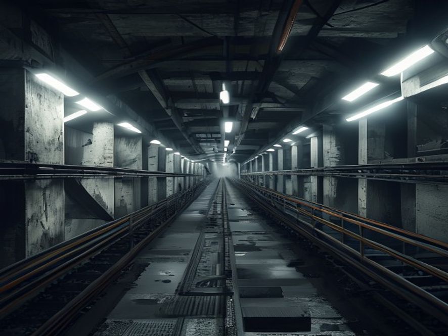 A cinematic, photorealistic 8k image showing a massive, dimly lit underground construction site of a modern metro station with exposed concrete structures and missing steel reinforcements, conveying a tense atmosphere of safety concerns and systemic failure, with cold industrial lighting and dramatic shadows.