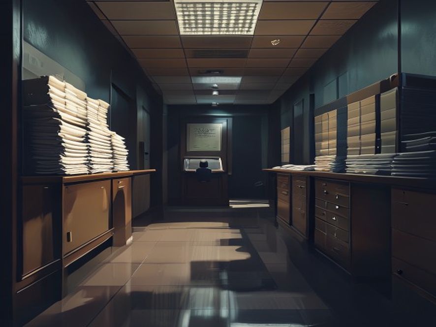 A cinematic and photorealistic 8k image featuring a dimly lit, somber government office hallway with stacks of official budget documents and file folders on a desk, capturing an atmosphere of heavy political tension and investigation, with shadows reflecting the weight of systemic scrutiny.