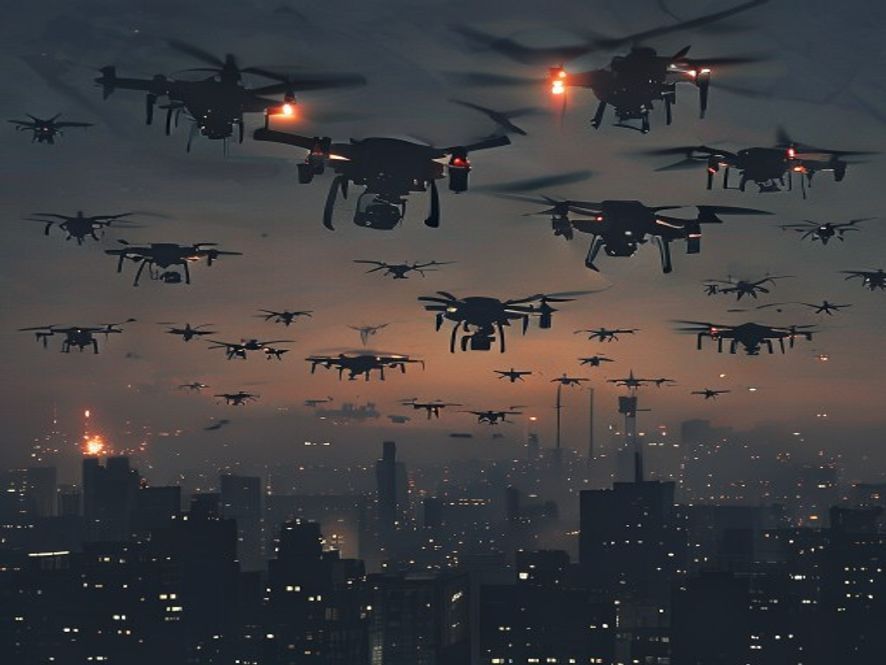 A cinematic, photorealistic 8k image of a massive swarm of hundreds of hightech military drones darkening the night sky over a sprawling cityscape, capturing the tense atmosphere of modern asymmetric warfare, with sharp focus on the metallic silhouettes of the drones against a backdrop of distant city lights and strategic destruction.