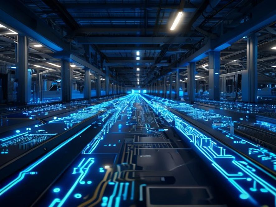 A cinematic, photorealistic 8k image showing a massive, dimly lit modern semiconductor fabrication plant with glowing blue LED circuits, representing the gravity of Samsungs labor crisis and its impact on the national economy, with a tense and somber atmosphere.