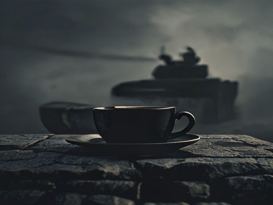 A cinematic and photorealistic 8k image featuring a single coffee cup placed on a stone memorial surface, with a blurred, haunting silhouette of a tank in the dark background, capturing a somber atmosphere of historical reflection and corporate social responsibility, dramatic lighting.