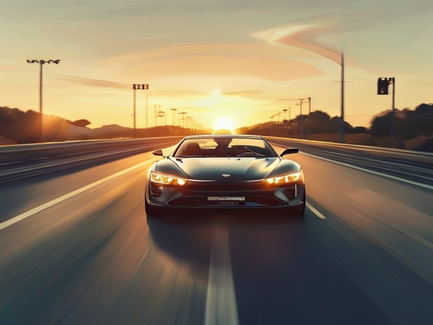 A cinematic, photorealistic 8k image of a modern car driving on a scenic highway at golden hour, capturing a sense of relief and safety as the driver confidently maneuvers toward an exit, with soft sunlight reflecting on the windshield and blurred road signs in the background.
