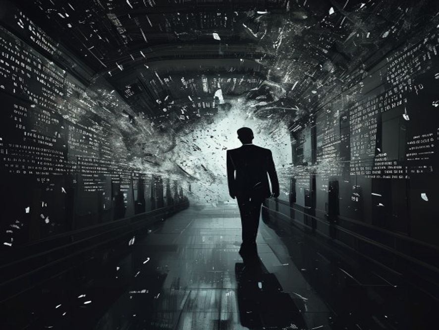 Cinematic, photorealistic 8k image of a tense silhouette of a politician standing amidst a swirling storm of fragmented, glowing text and broken words in a dark, dramatic National Assembly corridor, symbolizing political conflict and the weight of controversial speech, high contrast, moody atmosphere.