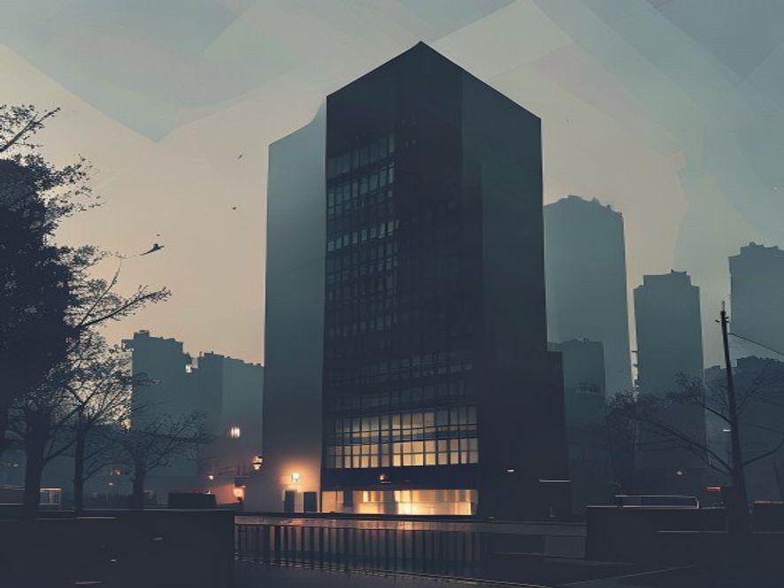 A cinematic, photorealistic 8k image featuring a sleek corporate building silhouette looming over a somber historical monument in Gwangju, capturing a tense and cold atmosphere that reflects the conflict between shallow corporate marketing and genuine social responsibility, dramatic lighting, high contrast.