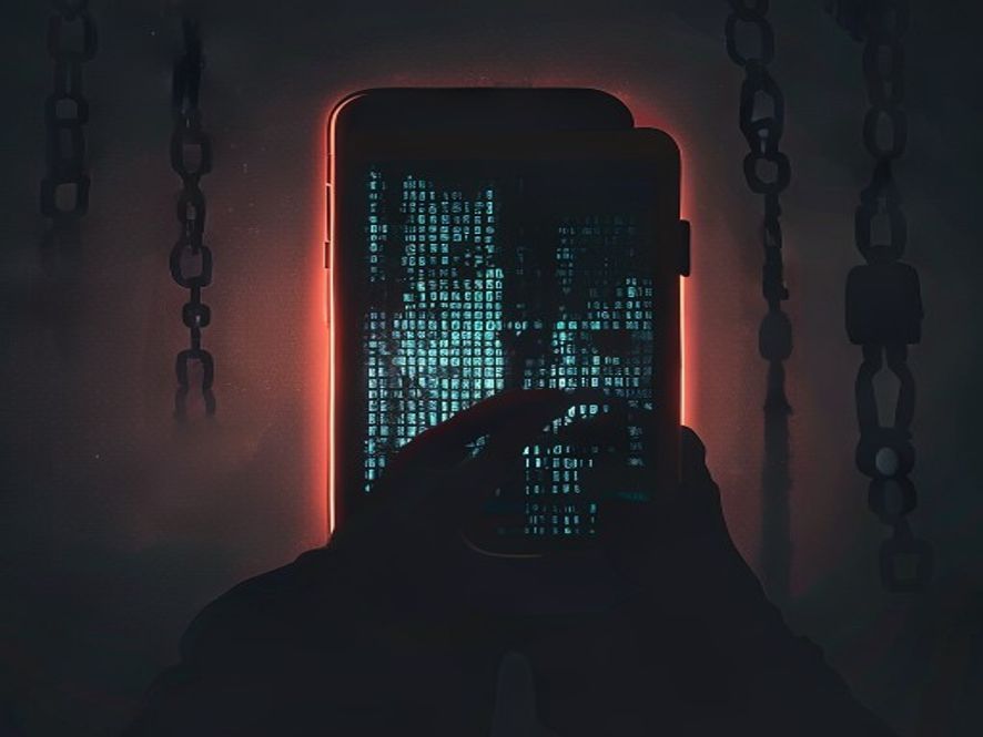 A cinematic and highresolution photo capturing a shadowy, ominous atmosphere where a glowing smartphone displaying blurred binary code and debt chains looms over a silhouette of a person, symbolizing the dark trap of digital gift card loan scams, photorealistic, 8k, dramatic lighting.