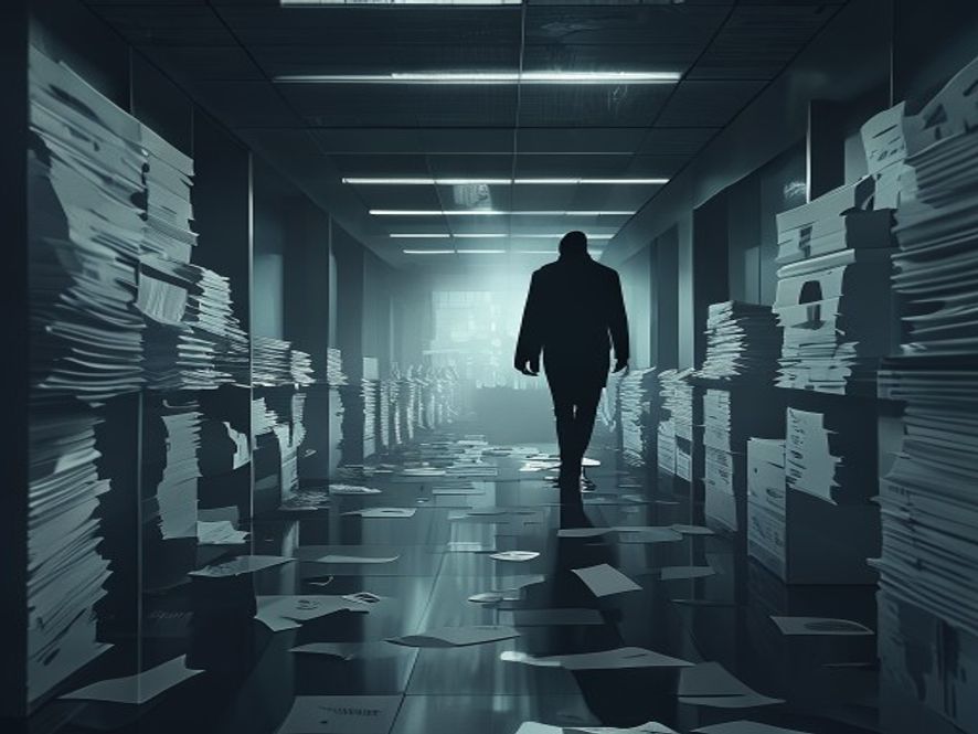 A cinematic, highresolution 8k photograph capturing a mysterious, shadowed figure walking away in a dark, desolate urban office space filled with scattered stacks of worthless paper gift certificates and cold, transparent digital financial charts, conveying an atmosphere of corporate collapse, mystery, and hidden economic crisis.