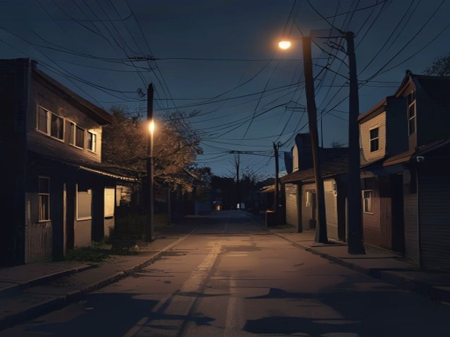 A cinematic, photorealistic 8k image of a dimly lit, weathered neighborhood street at twilight, where a single flickering street lamp casts long shadows, symbolizing the tension between daily local grievances and the rise of radical political ideology, capturing a somber and thoughtprovoking atmosphere.