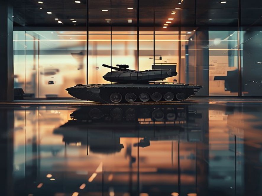 A cinematic and photorealistic 8k image of a blurred, symbolic military tank silhouette reflecting onto a glossy modern coffee shop window, juxtaposed with legal documents and courtroom imagery in the background to emphasize the tension between corporate marketing and historical responsibility, dramatic lighting, high contrast.